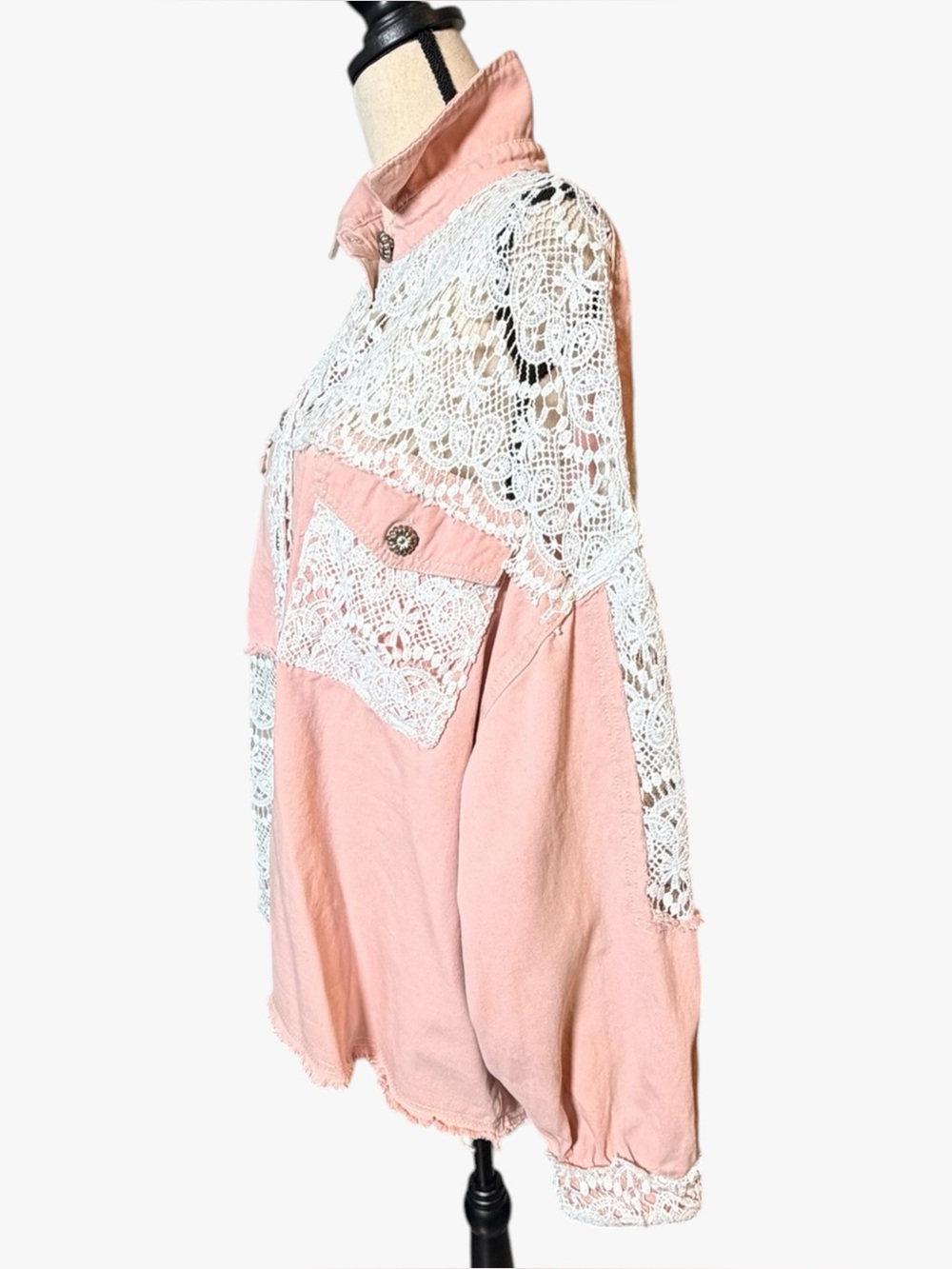 POL Clothing Boho Mixed Lace Patchwork Denim Shacket Pink Size Large - Picture 3 of 12